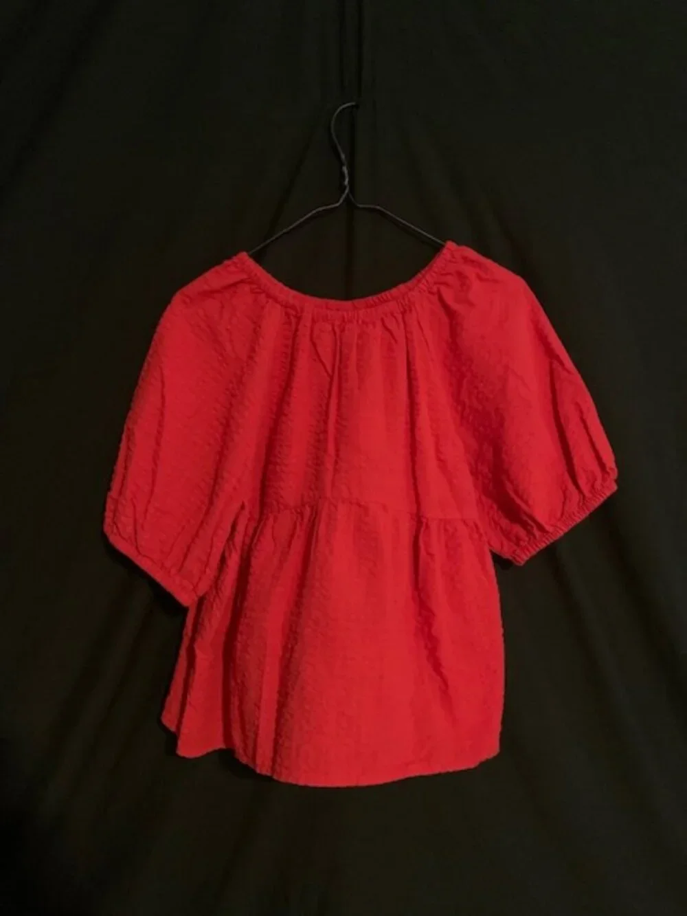 Blush Pink Puff Sleeve Peplum Top — Textured Smocked Waist